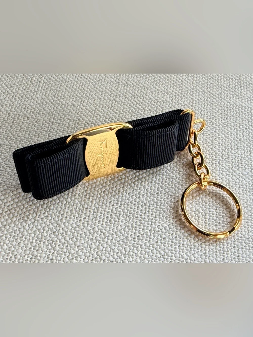 SALVATORE FERRAGAMO Vara Bow Black Gold Keychain Bag Charm w/ Box